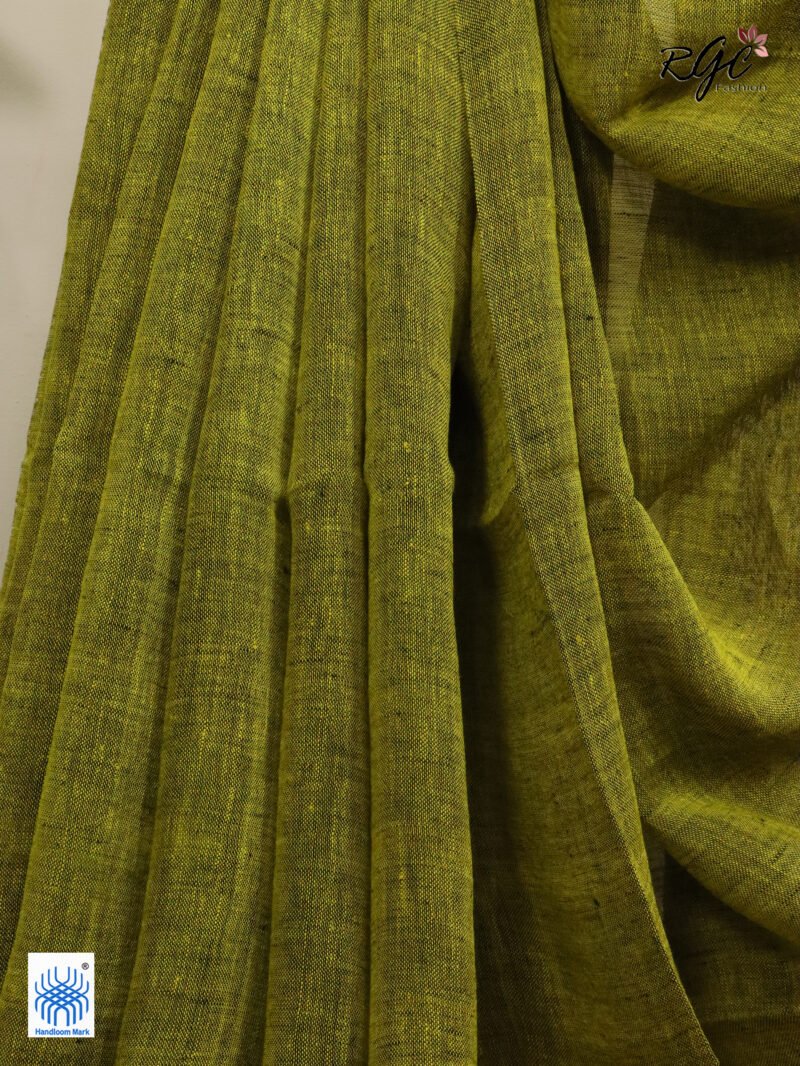 Blackish Yellow Linen Palin Silver Zari Border Saree - Image 4