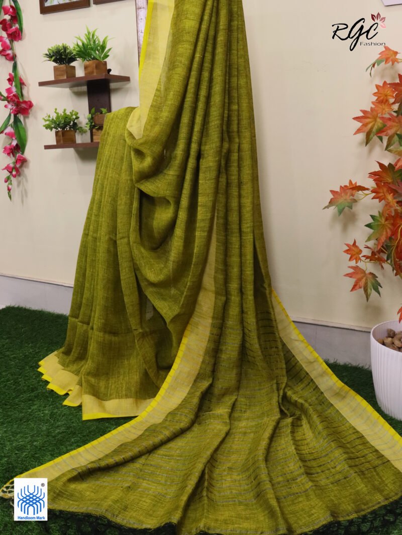 Blackish Yellow Linen Palin Silver Zari Border Saree - Image 5