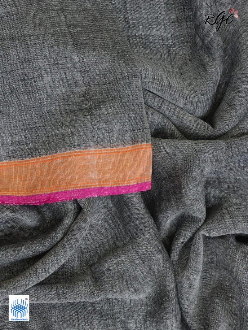 Gray Pure Linen Plain Saree - Image 3