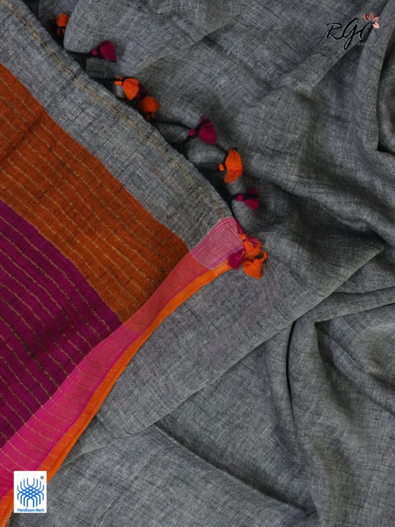 Gray Pure Linen Plain Saree - Image 4