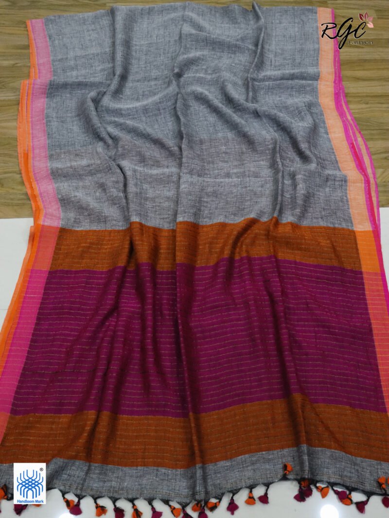 Gray Pure Linen Plain Saree - Image 5