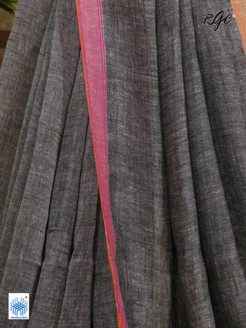 Gray Pure Linen Plain Saree - Image 7
