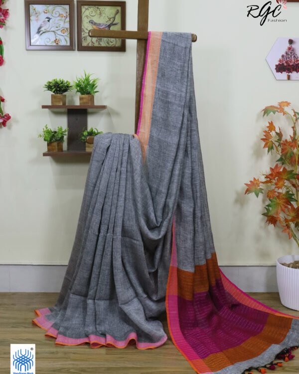 Gray Pure Linen Plain Saree