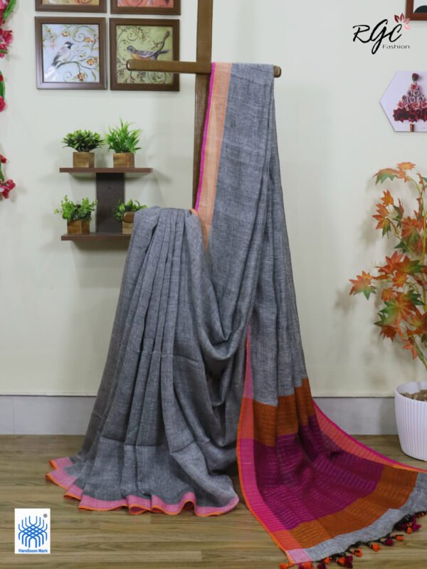 Gray Pure Linen Plain Saree