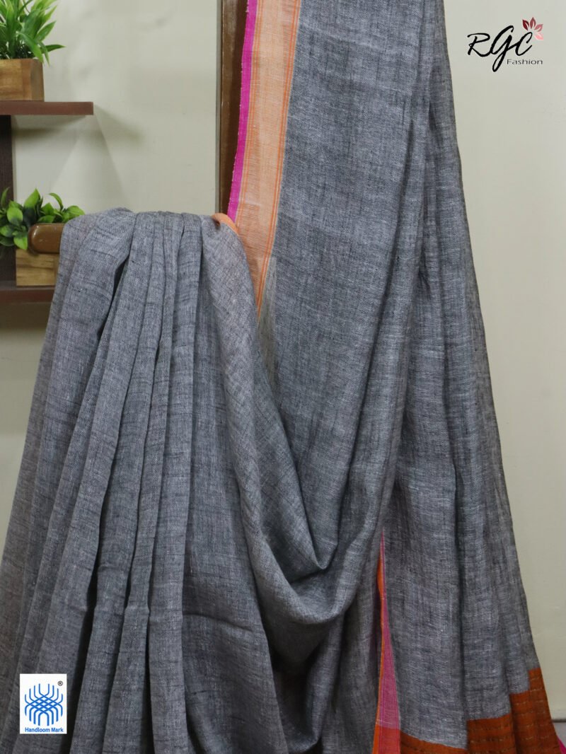 Gray Pure Linen Plain Saree - Image 9