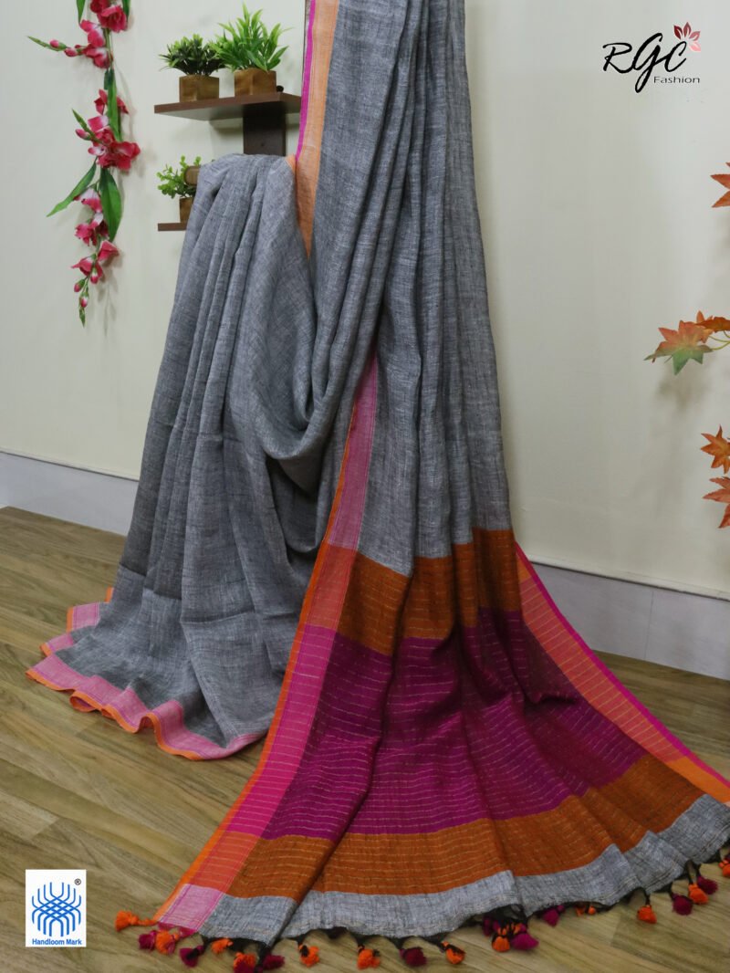 Gray Pure Linen Plain Saree - Image 10