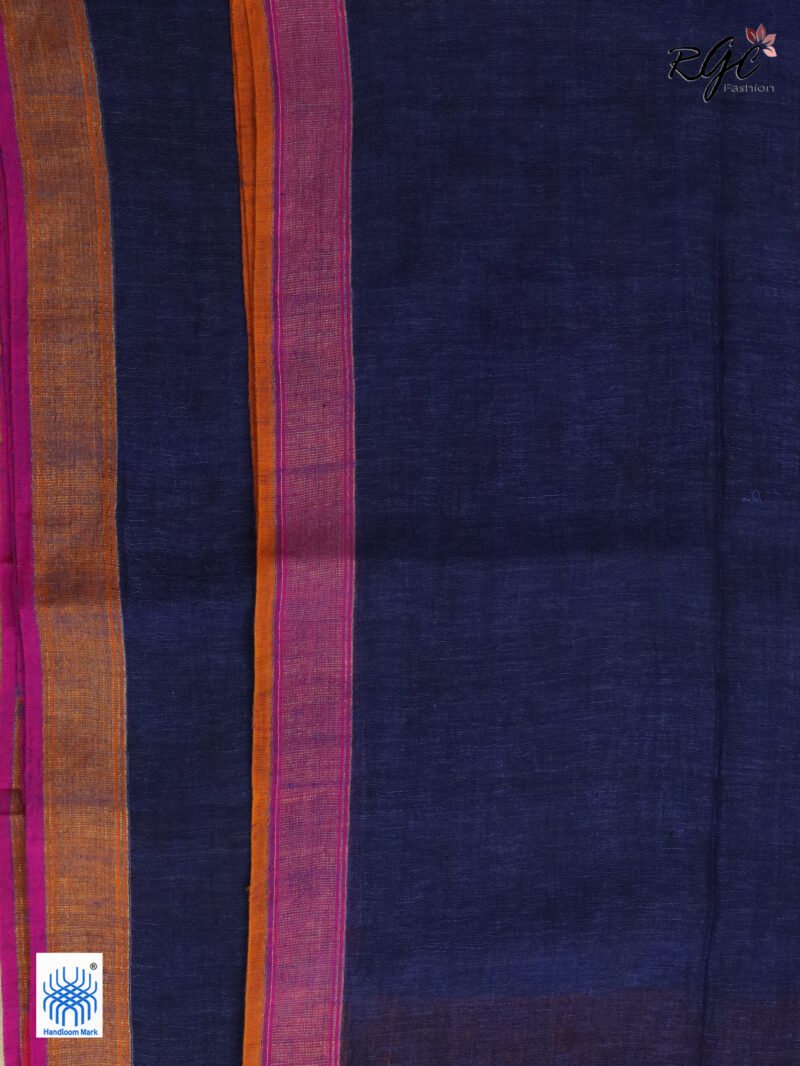 Blue Pure Linen Plain Saree - Image 2