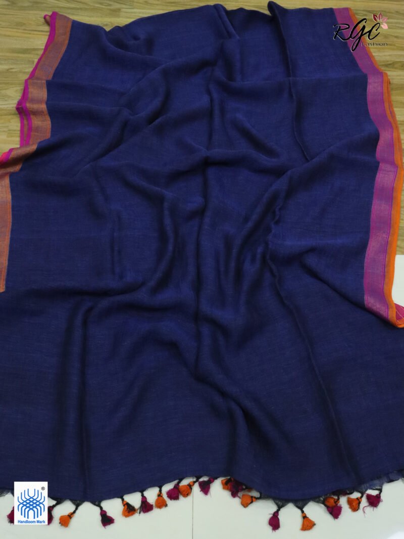 Blue Pure Linen Plain Saree - Image 4