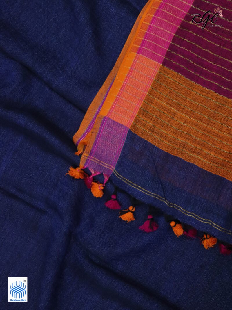 Blue Pure Linen Plain Saree - Image 5