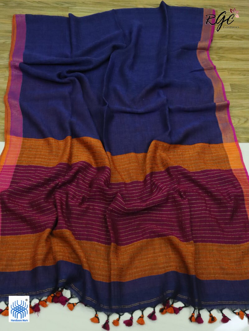Blue Pure Linen Plain Saree - Image 6