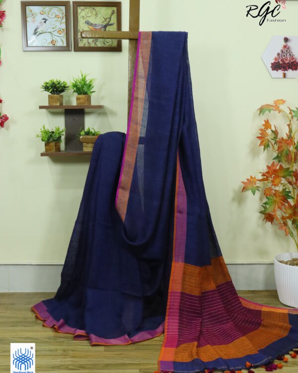 Blue Pure Linen Plain Saree