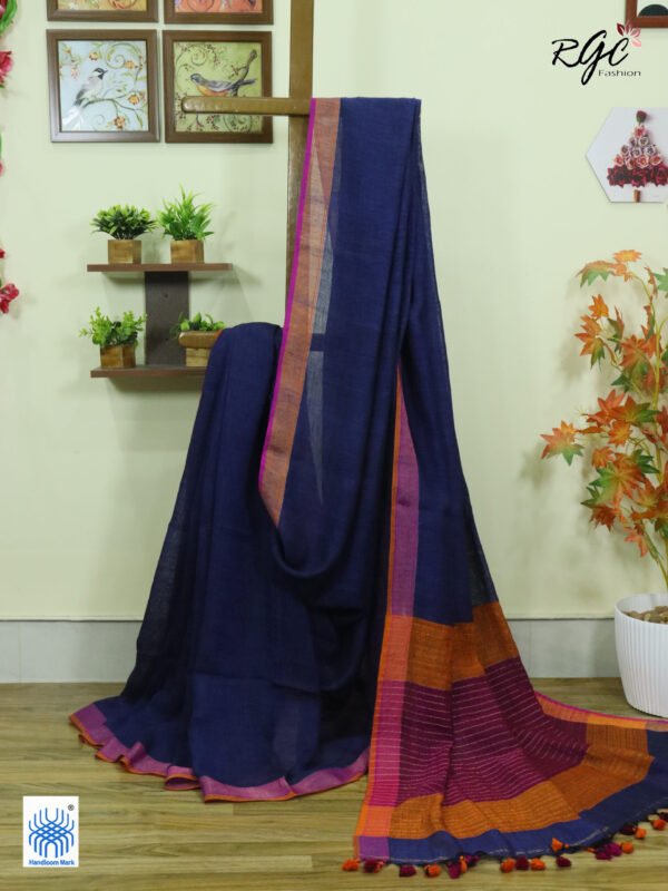 Blue Pure Linen Plain Saree
