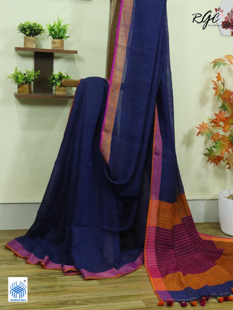 Blue Pure Linen Plain Saree - Image 9