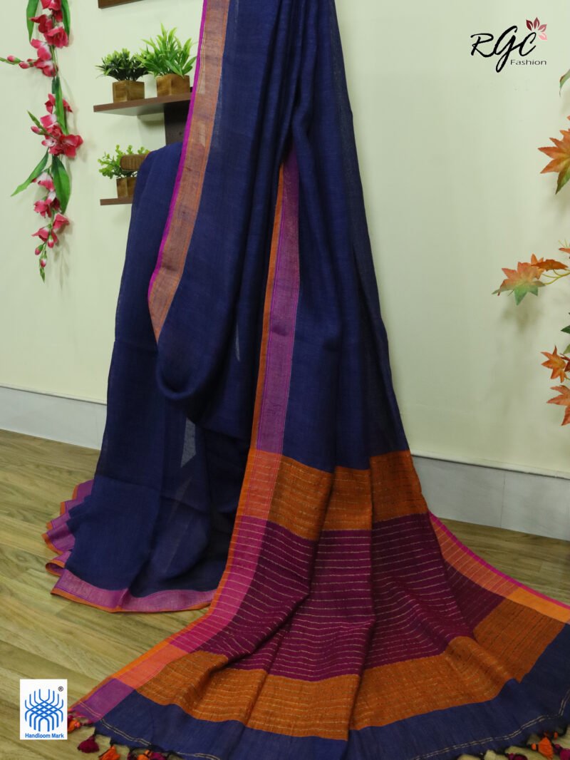 Blue Pure Linen Plain Saree - Image 11