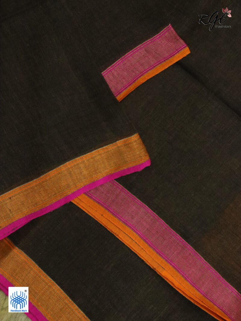 Chocolate Pure Linen Plain Saree - Image 3