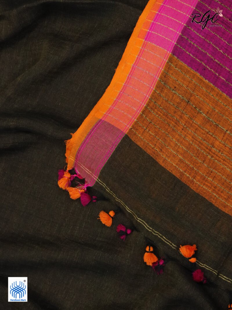 Chocolate Pure Linen Plain Saree - Image 5