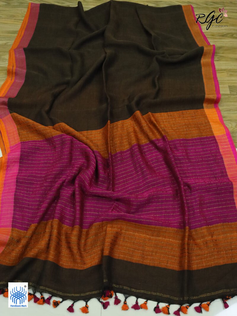 Chocolate Pure Linen Plain Saree - Image 6