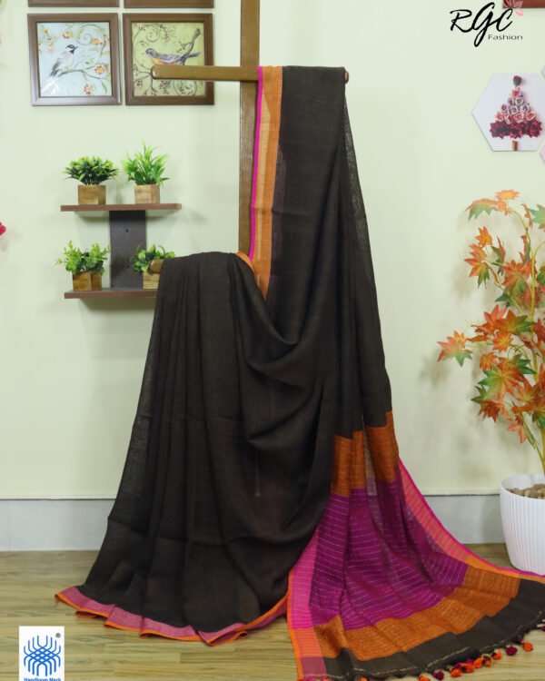 Chocolate Pure Linen Plain Saree