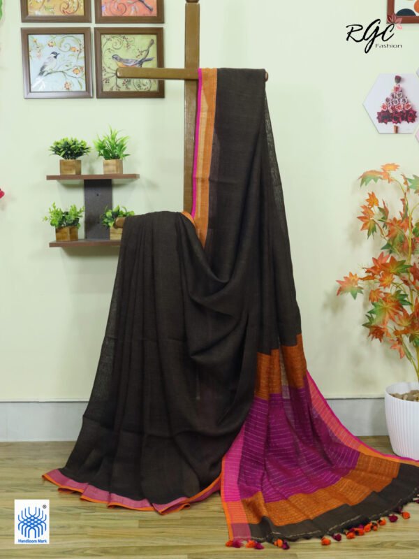 Chocolate Pure Linen Plain Saree