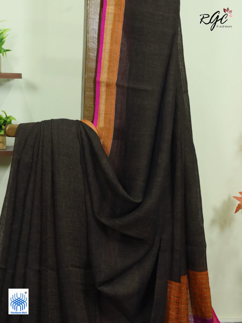 Chocolate Pure Linen Plain Saree - Image 8