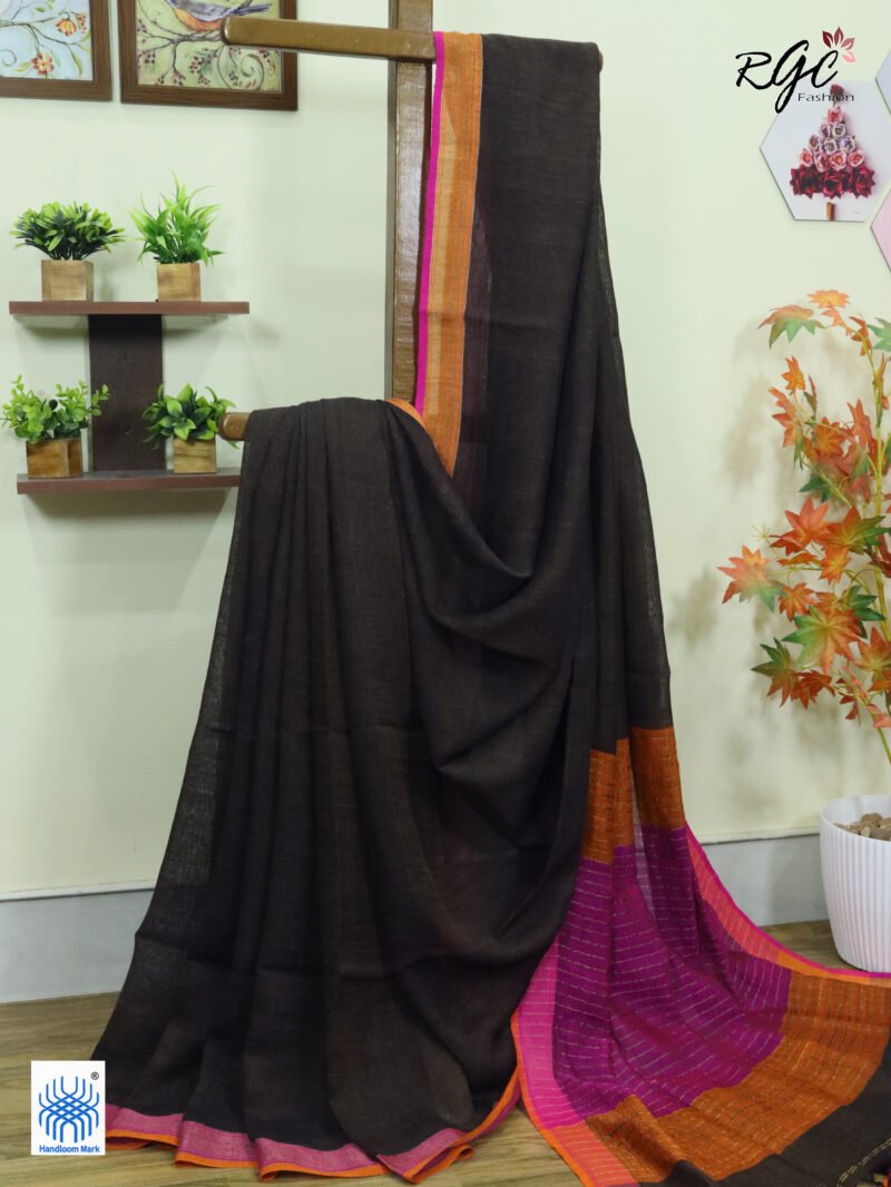 Chocolate Pure Linen Plain Saree - Image 9