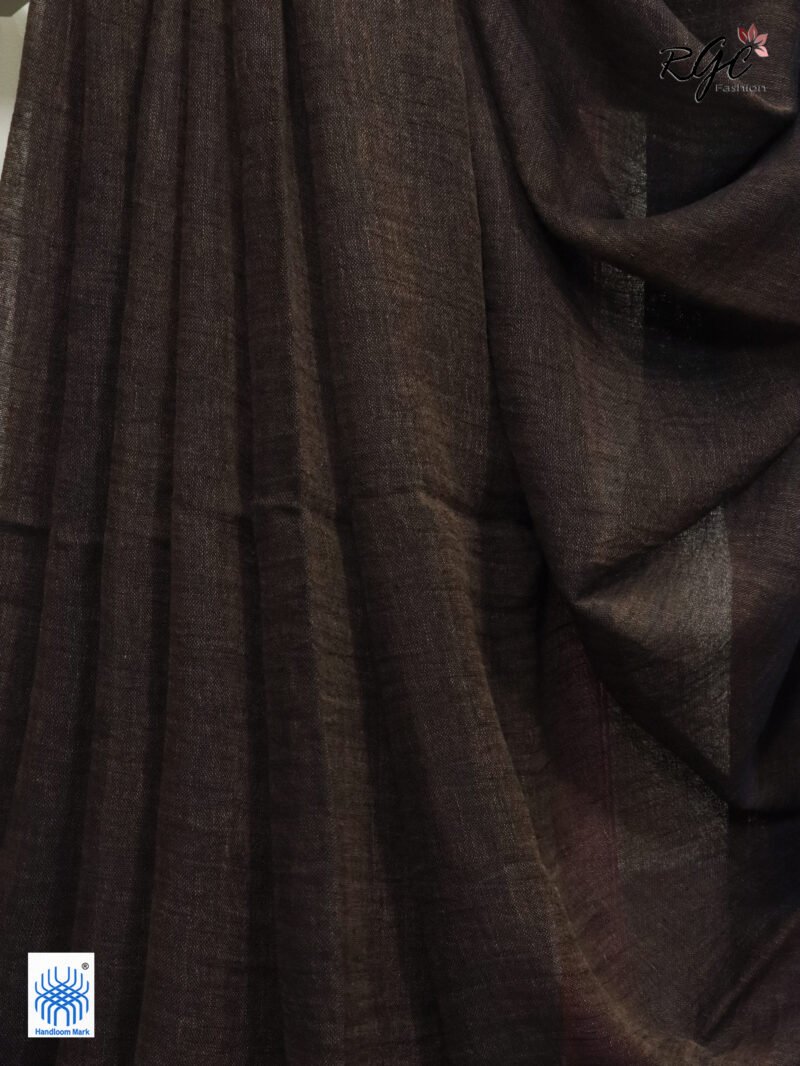 Chocolate Pure Linen Plain Saree - Image 10