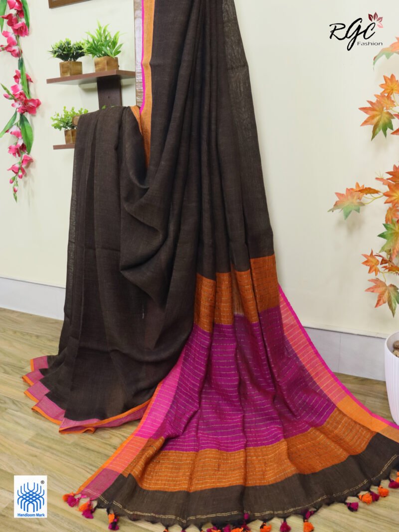 Chocolate Pure Linen Plain Saree - Image 11