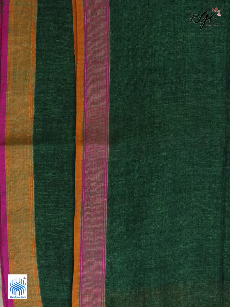 Bottle Green Pure Linen Plain Saree - Image 2