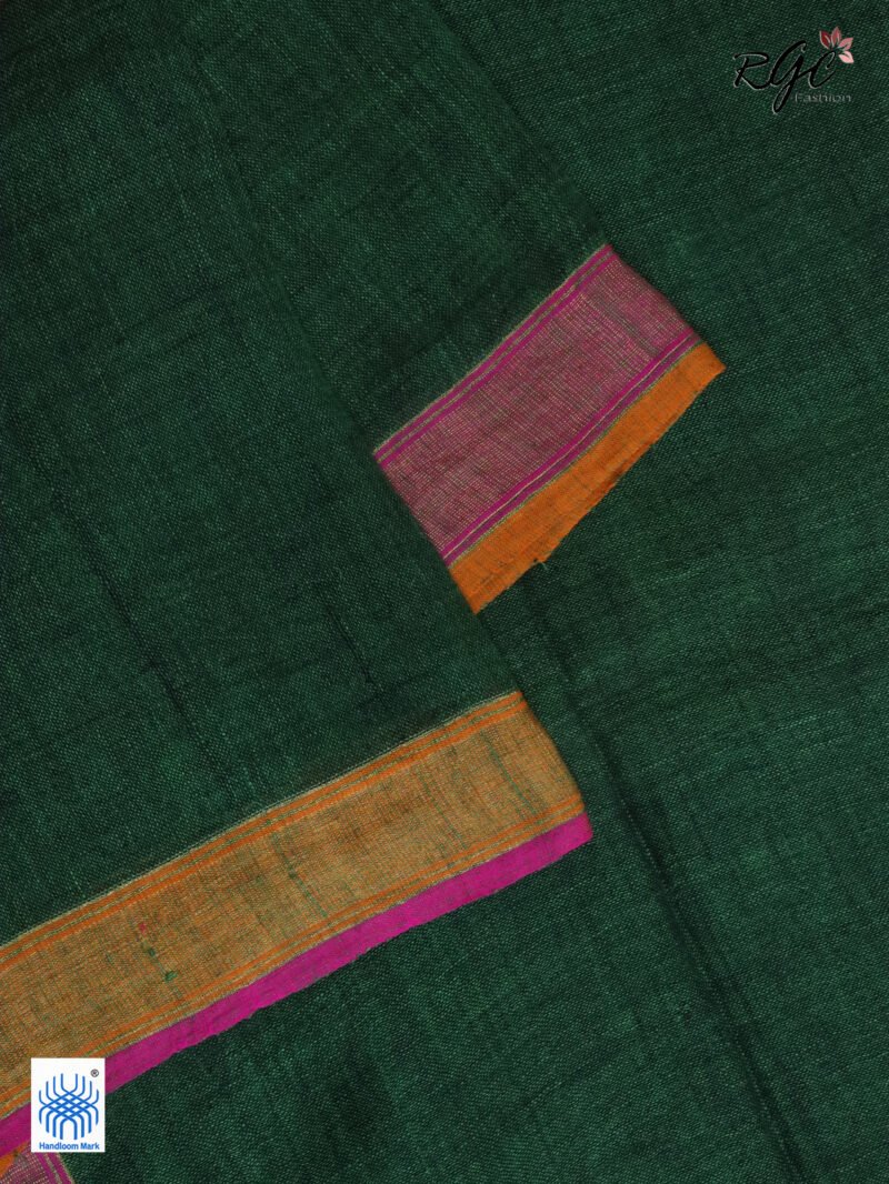 Bottle Green Pure Linen Plain Saree - Image 3
