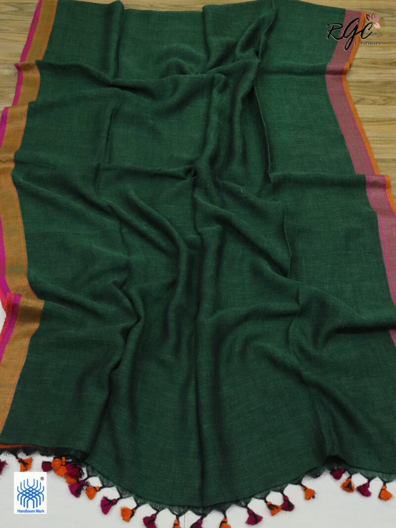 Bottle Green Pure Linen Plain Saree - Image 4