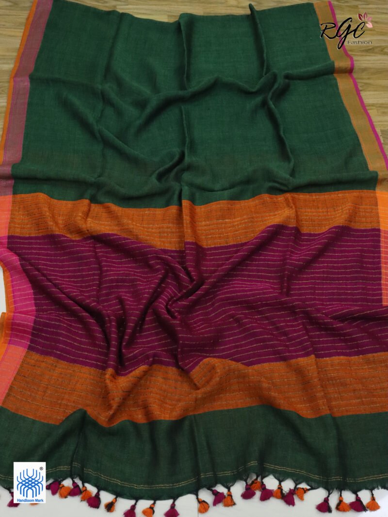 Bottle Green Pure Linen Plain Saree - Image 6