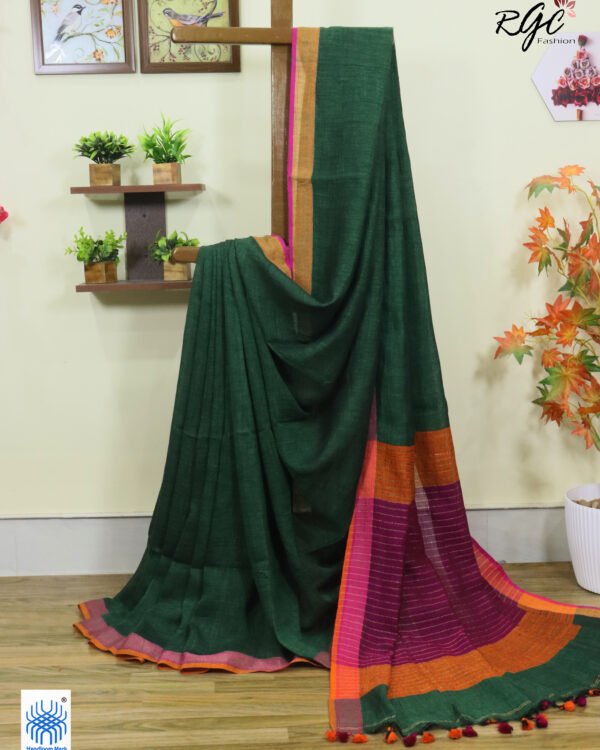 Bottle Green Pure Linen Plain Saree