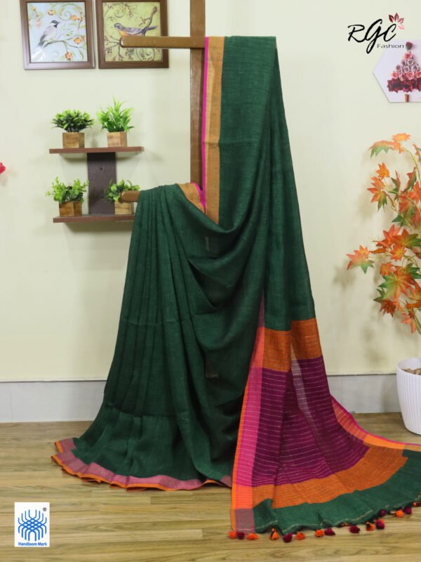Bottle Green Pure Linen Plain Saree
