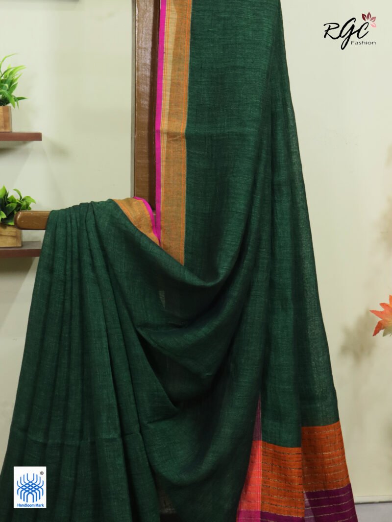 Bottle Green Pure Linen Plain Saree - Image 8