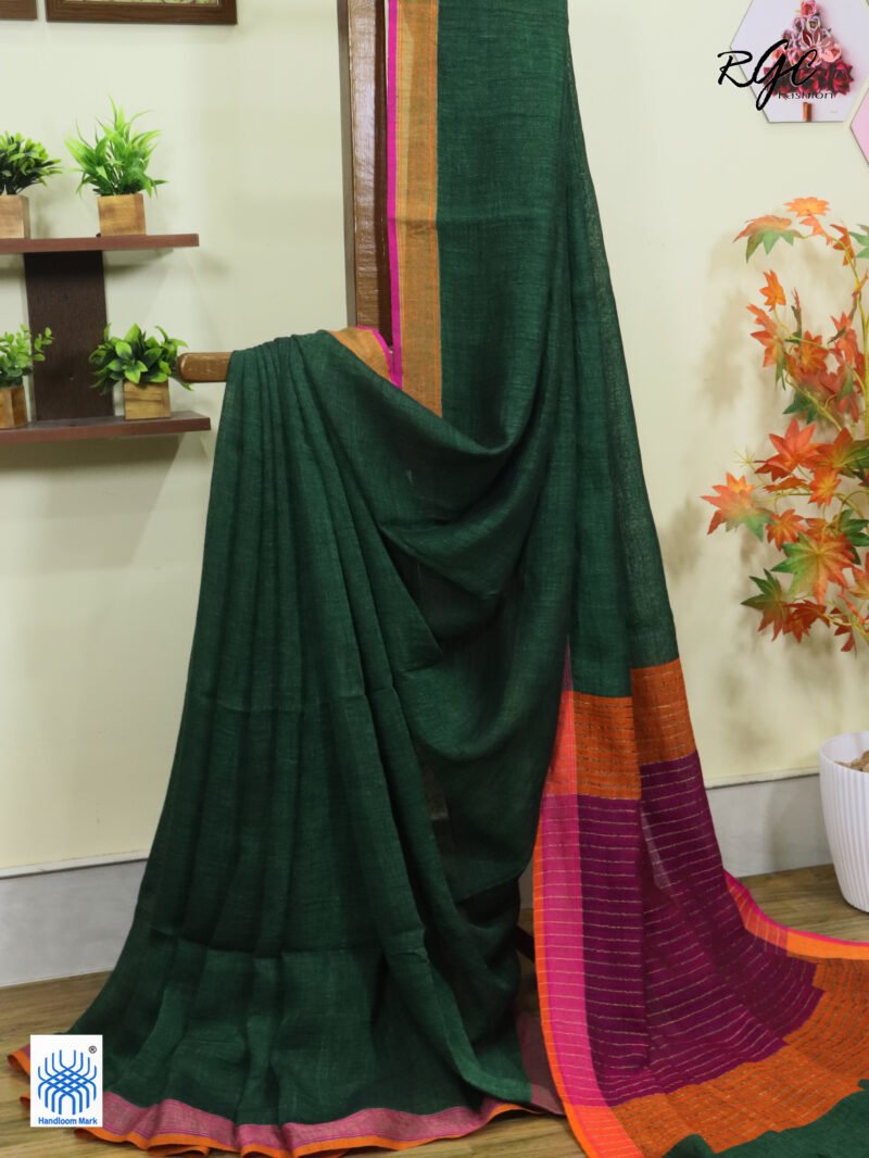 Bottle Green Pure Linen Plain Saree - Image 9