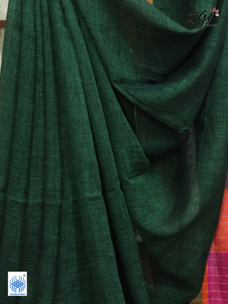 Bottle Green Pure Linen Plain Saree - Image 10
