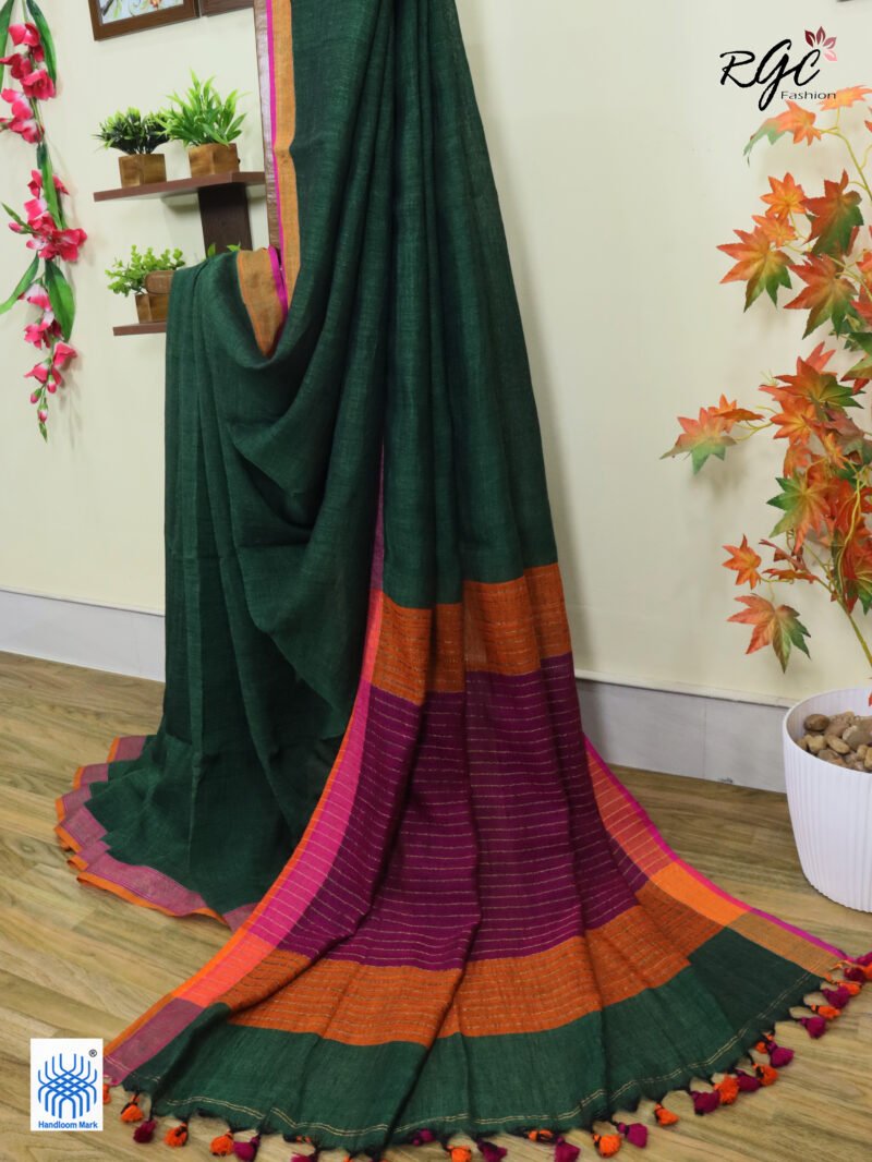 Bottle Green Pure Linen Plain Saree - Image 11