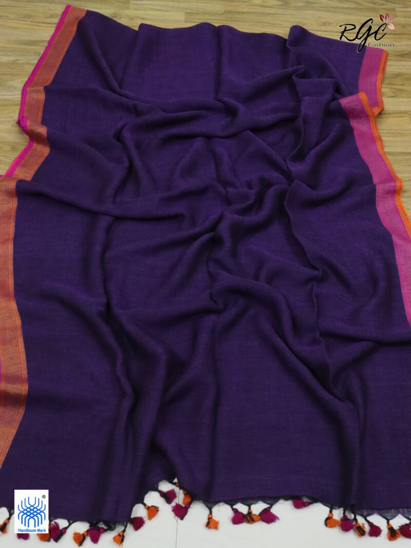 Purple Pure Linen Plain Saree - Image 4