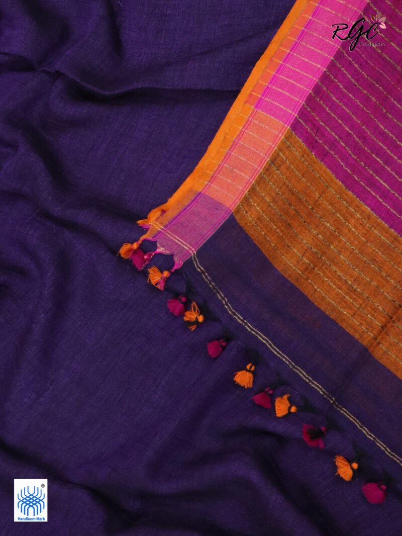Purple Pure Linen Plain Saree - Image 5