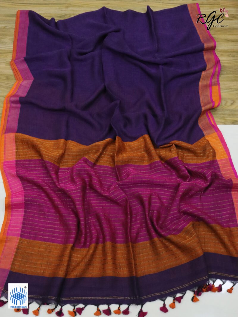 Purple Pure Linen Plain Saree - Image 6