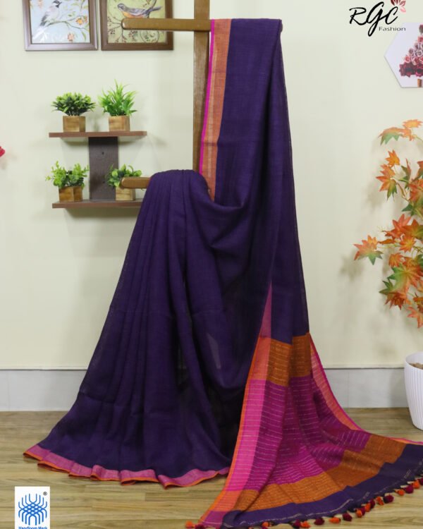 Purple Pure Linen Plain Saree