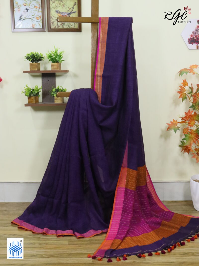 Purple Pure Linen Plain Saree