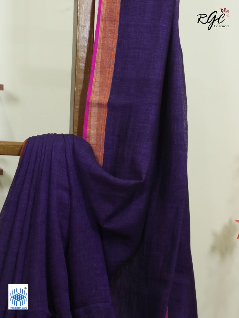 Purple Pure Linen Plain Saree - Image 8