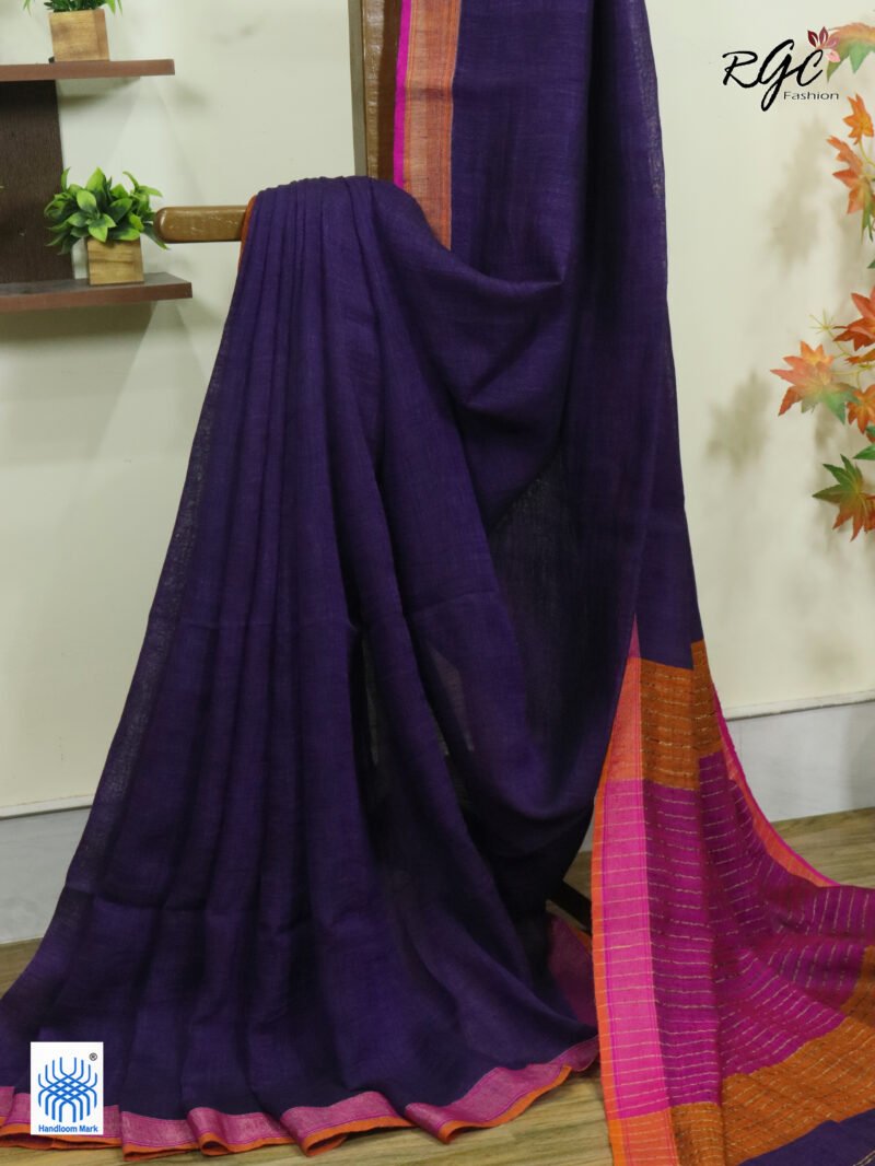 Purple Pure Linen Plain Saree - Image 9