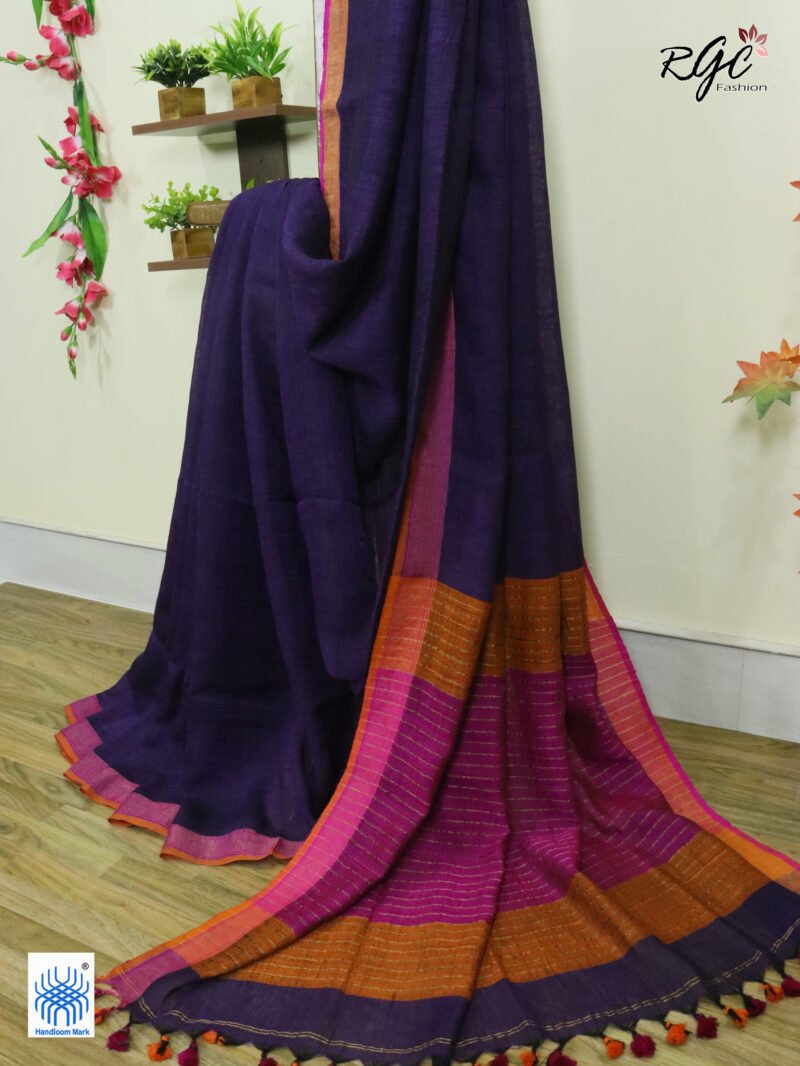 Purple Pure Linen Plain Saree - Image 11