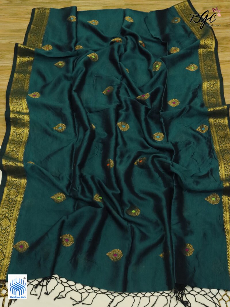 Rama Green Bengal Katan Silk Kanjivaram Saree - Image 9