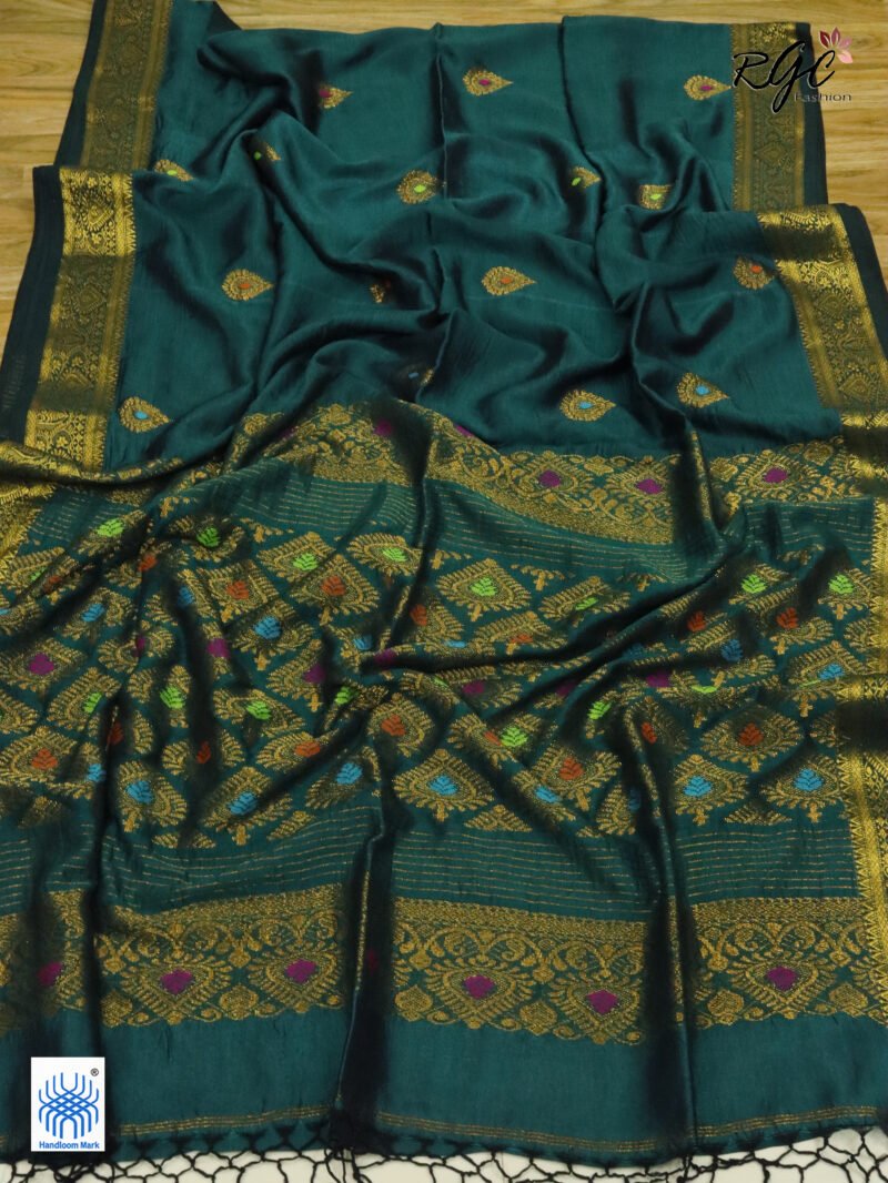 Rama Green Bengal Katan Silk Kanjivaram Saree - Image 7