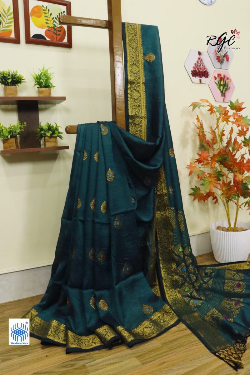 Rama Green Bengal Katan Silk Kanjivaram Saree - Image 4
