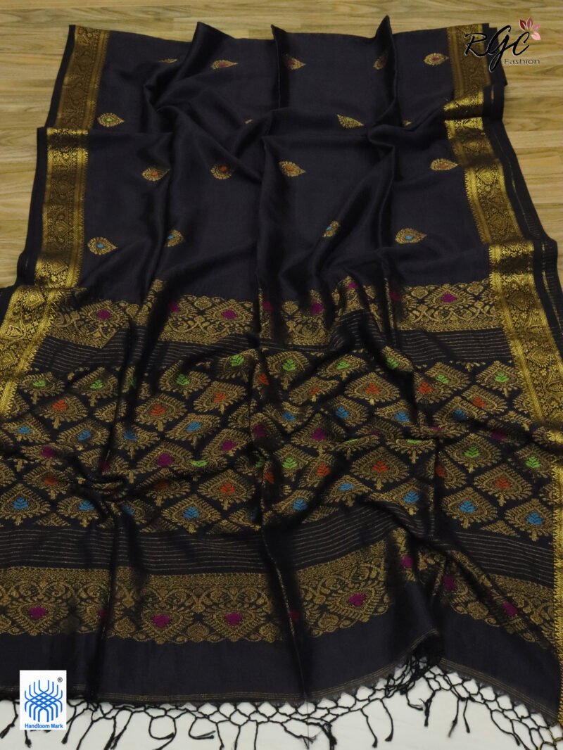 Black Bengal Katan Silk Kanjivaram Saree - Image 7