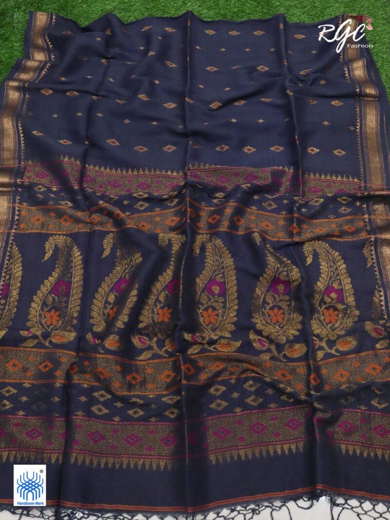 Deep Gray Organic Linen Benarasi Saree - Image 5
